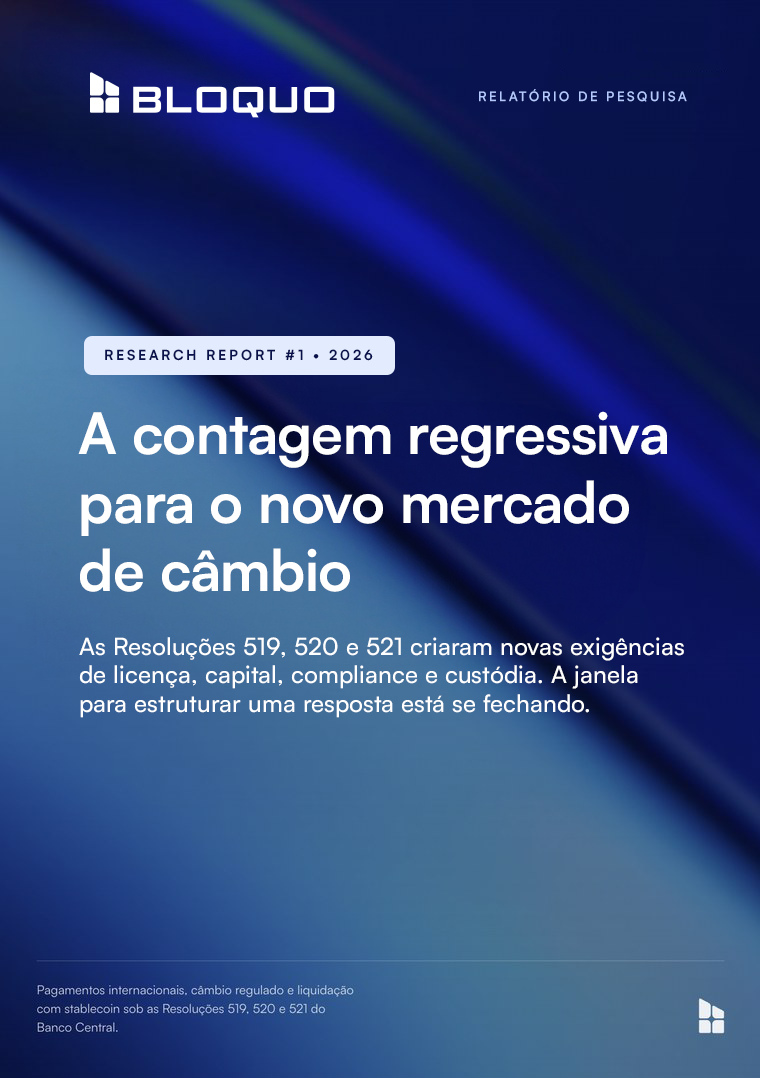 Capa do relatório: A contagem regressiva para o novo mercado de câmbio. Resoluções 519, 520 e 521 do Banco Central.